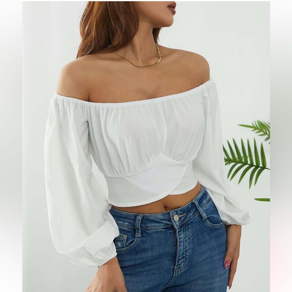Women’s Plain Cut Out Tie Back Off Shoulder Top In White XL - Picture 5 of 13